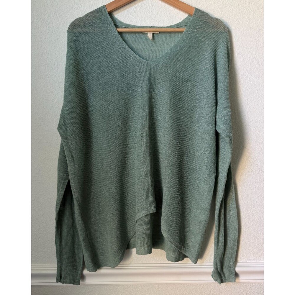 Eileen Fisher Medium V-Neck Knit Pullover Organic Linen Green Teal